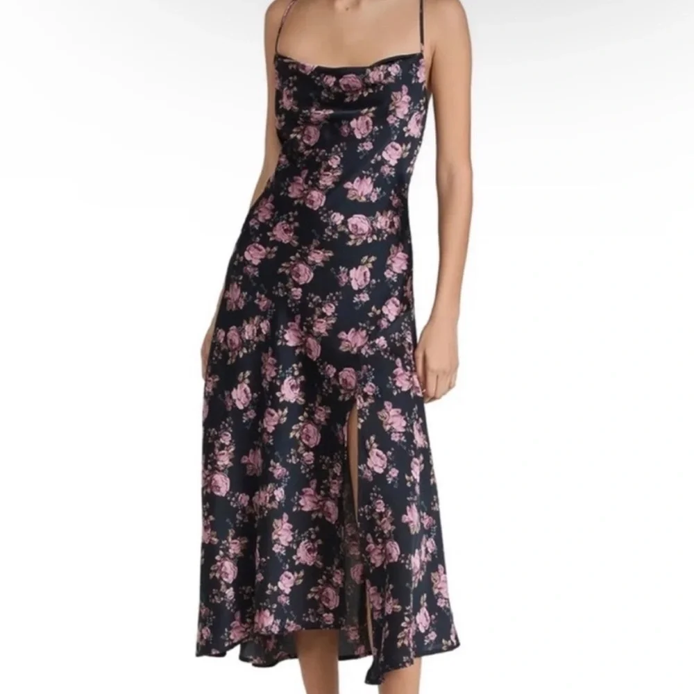 Astr the Label Gaia Navy Floral Satin Midi Dress